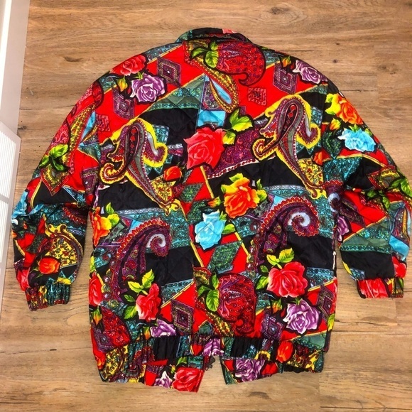 VTG 80s Elements Bright Colourful Floral Paisley Art Print Long Bomber Jacket - Picture 2 of 12